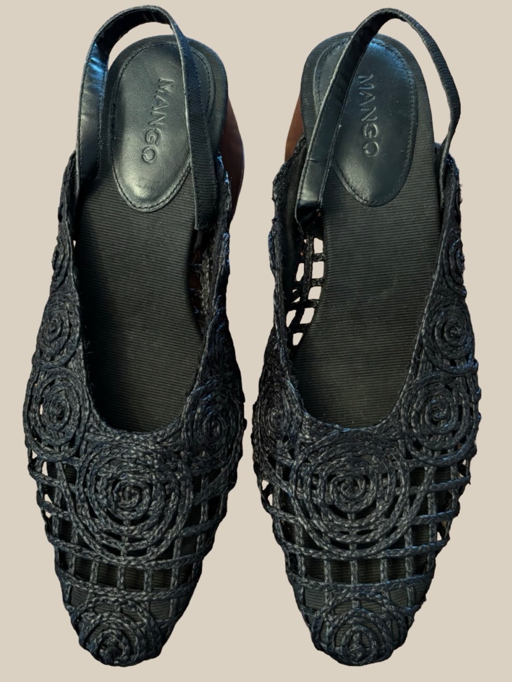 Mango Black Braided Woven Slingback Block Heel Shoes Crochet Rosette Mesh SZ 7.5